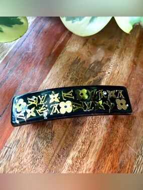 Louis Vuitton Thick Black Resin Hair Barrette with Gold Monogram Accents